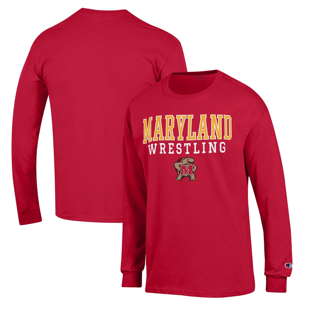 Men's Champion Red Maryland Terrapins Wrestling Stack Logo Long Sleeve T-Shirt