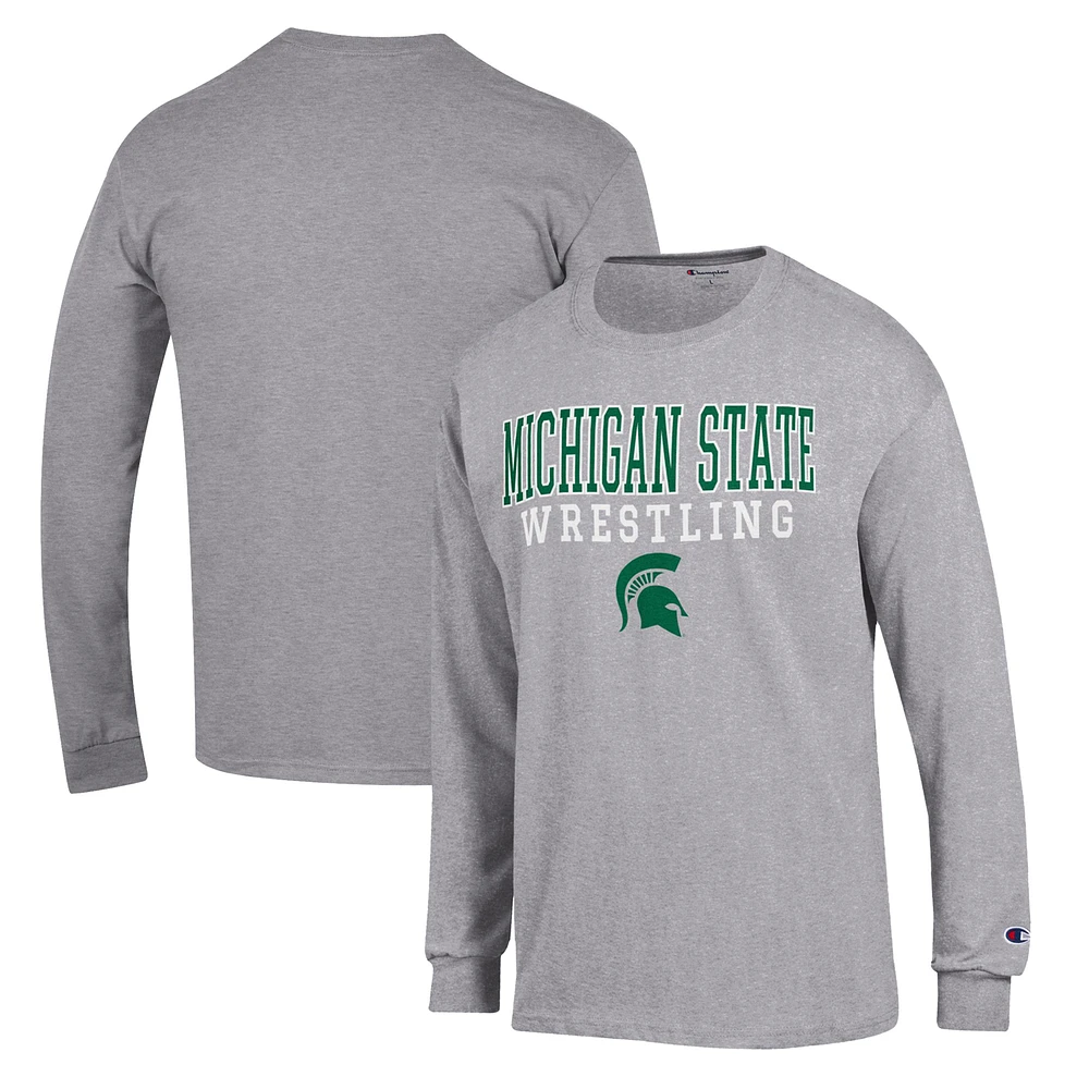 Men's Champion Gray Michigan State Spartans Wrestling Stack Logo Long Sleeve T-Shirt