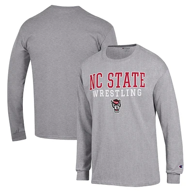 Men's Champion Gray NC State Wolfpack Wrestling Stack Logo Long Sleeve T-Shirt