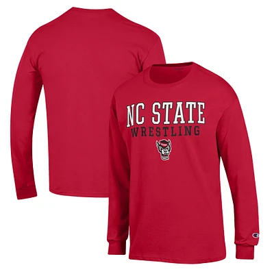 Men's Champion Red NC State Wolfpack Wrestling Stack Logo Long Sleeve T-Shirt