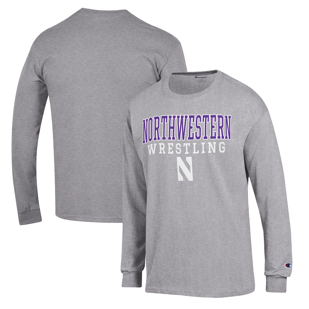 Men's Champion Gray Northwestern Wildcats Wrestling Stack Logo Long Sleeve T-Shirt