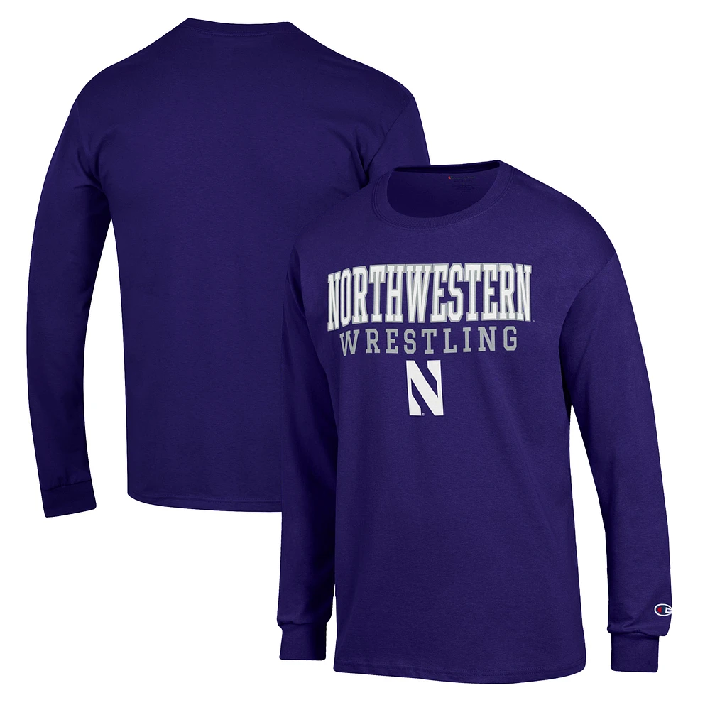Men's Champion Northwestern Wildcats Wrestling Stack Logo Long Sleeve T-Shirt