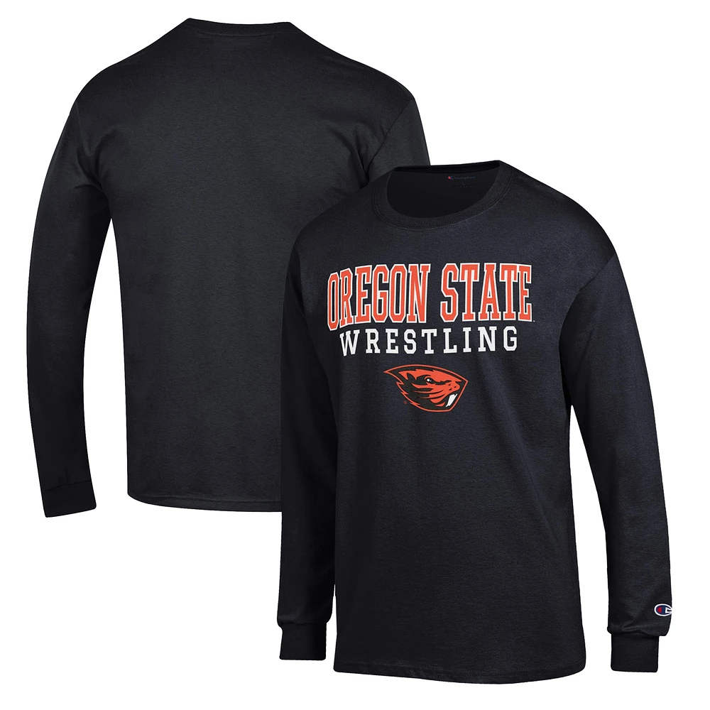 Men's Champion Black Oregon State Beavers Wrestling Stack Logo Long Sleeve T-Shirt