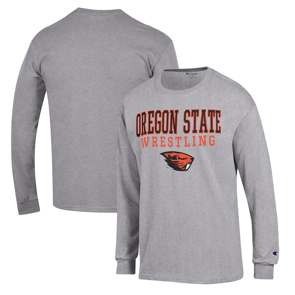 Men's Champion Gray Oregon State Beavers Wrestling Stack Logo Long Sleeve T-Shirt