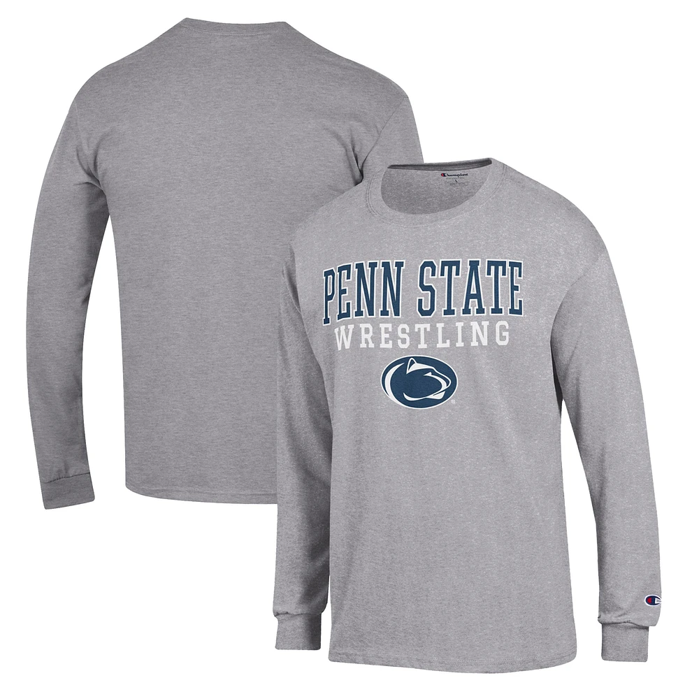 Men's Champion Gray Penn State Nittany Lions Wrestling Stack Logo Long Sleeve T-Shirt