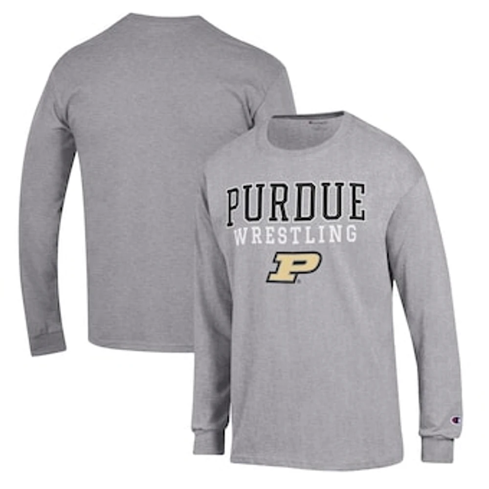 Men's Champion Gray Purdue Boilermakers Wrestling Stack Logo Long Sleeve T-Shirt