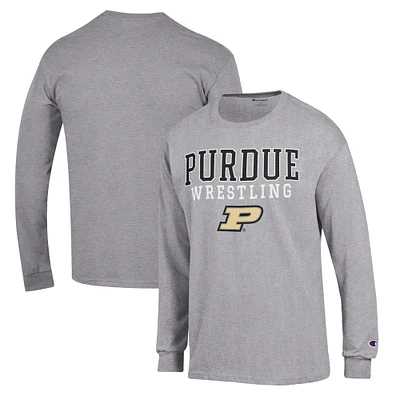 Men's Champion Gray Purdue Boilermakers Wrestling Stack Logo Long Sleeve T-Shirt