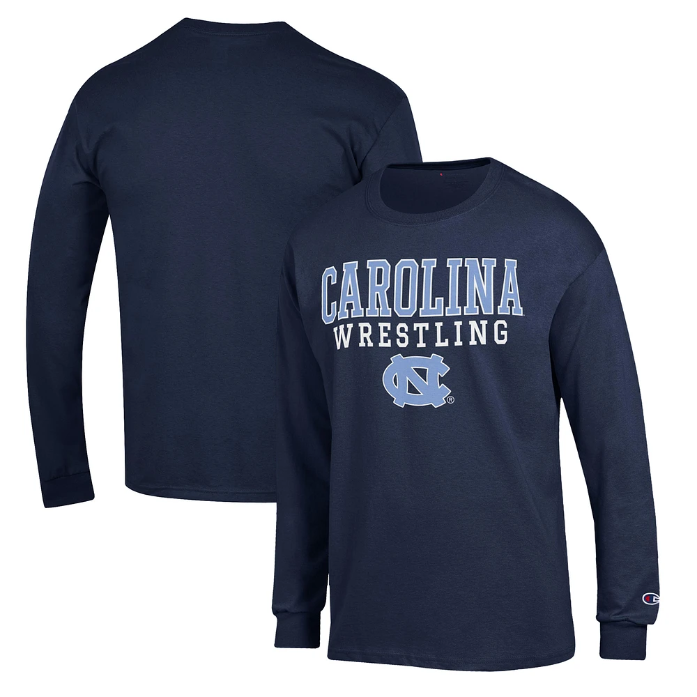 Men's Champion Navy North Carolina Tar Heels Wrestling Stack Logo Long Sleeve T-Shirt