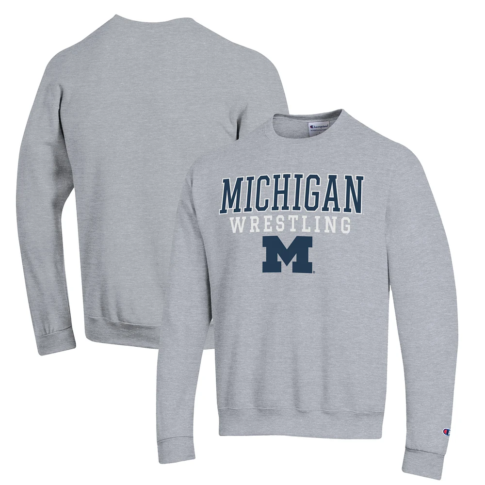 Men's Champion Gray Michigan Wolverines Wrestling Stack Powerblend Pullover Sweatshirt