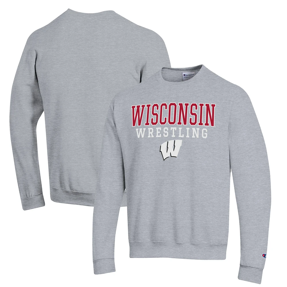 Men's Champion Gray Wisconsin Badgers Wrestling Stack Powerblend Pullover Sweatshirt