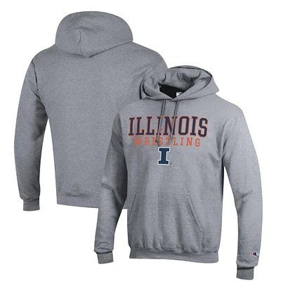 Men's Champion Gray Illinois Fighting Illini Wrestling Stack Logo Powerblend Pullover Hoodie