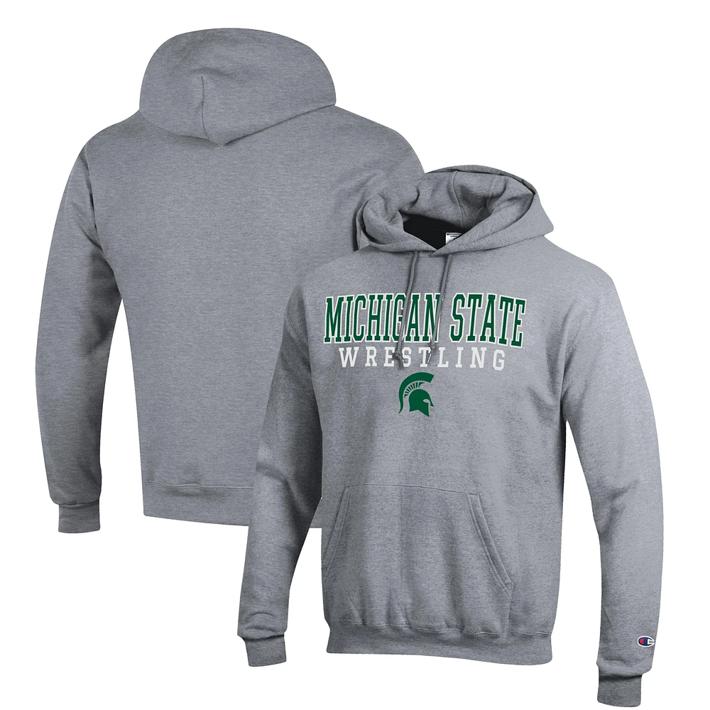 Men's Champion Gray Michigan State Spartans Wrestling Stack Logo Powerblend Pullover Hoodie