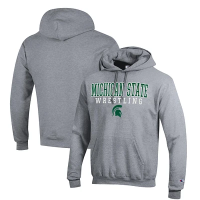 Men's Champion Gray Michigan State Spartans Wrestling Stack Logo Powerblend Pullover Hoodie