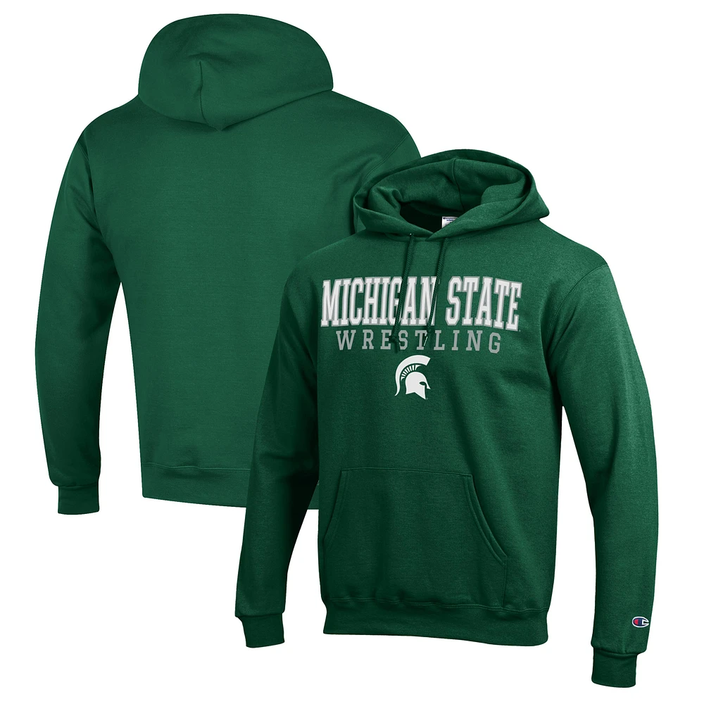 Men's Champion Green Michigan State Spartans Wrestling Stack Logo Powerblend Pullover Hoodie