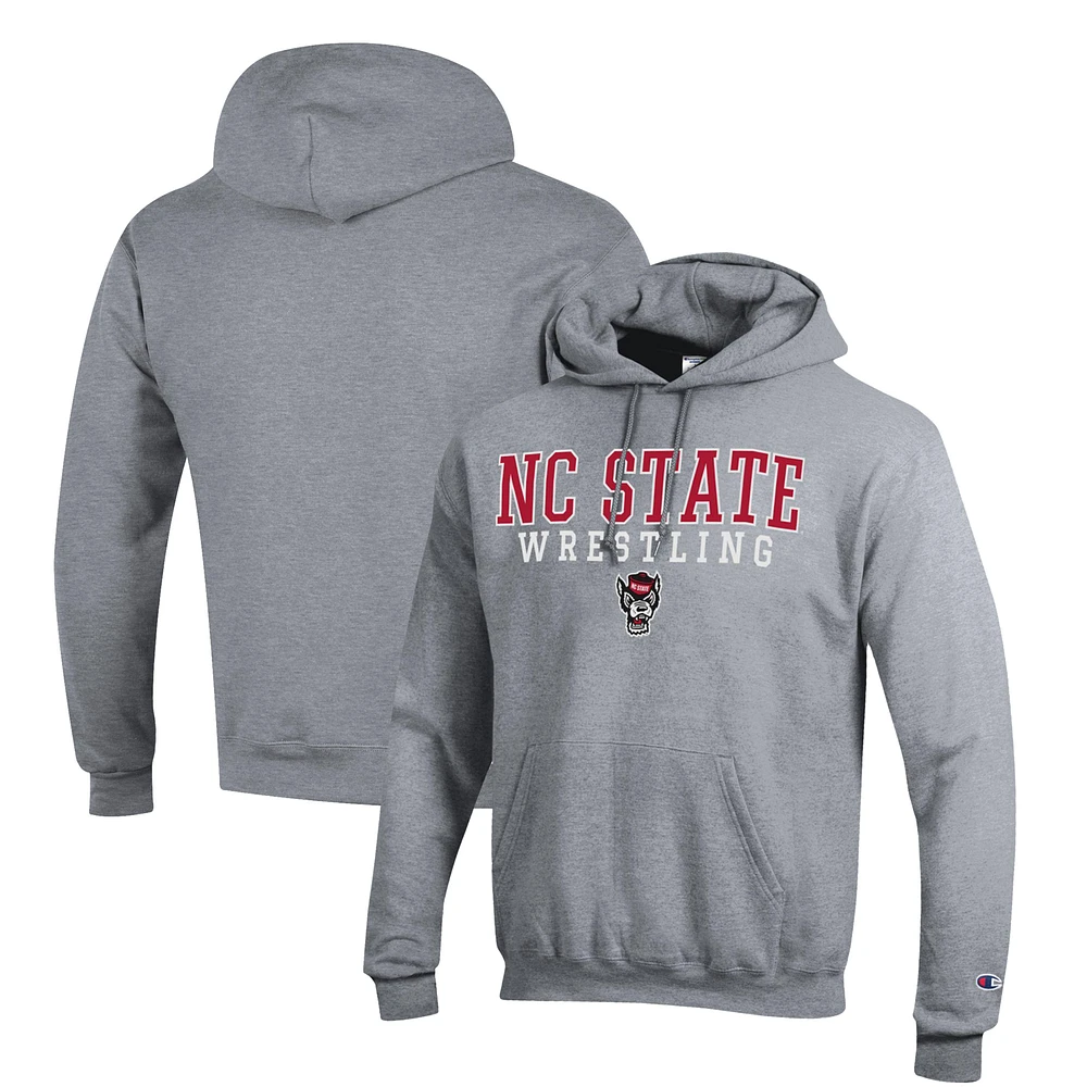 Men's Champion Gray NC State Wolfpack Wrestling Stack Logo Powerblend Pullover Hoodie