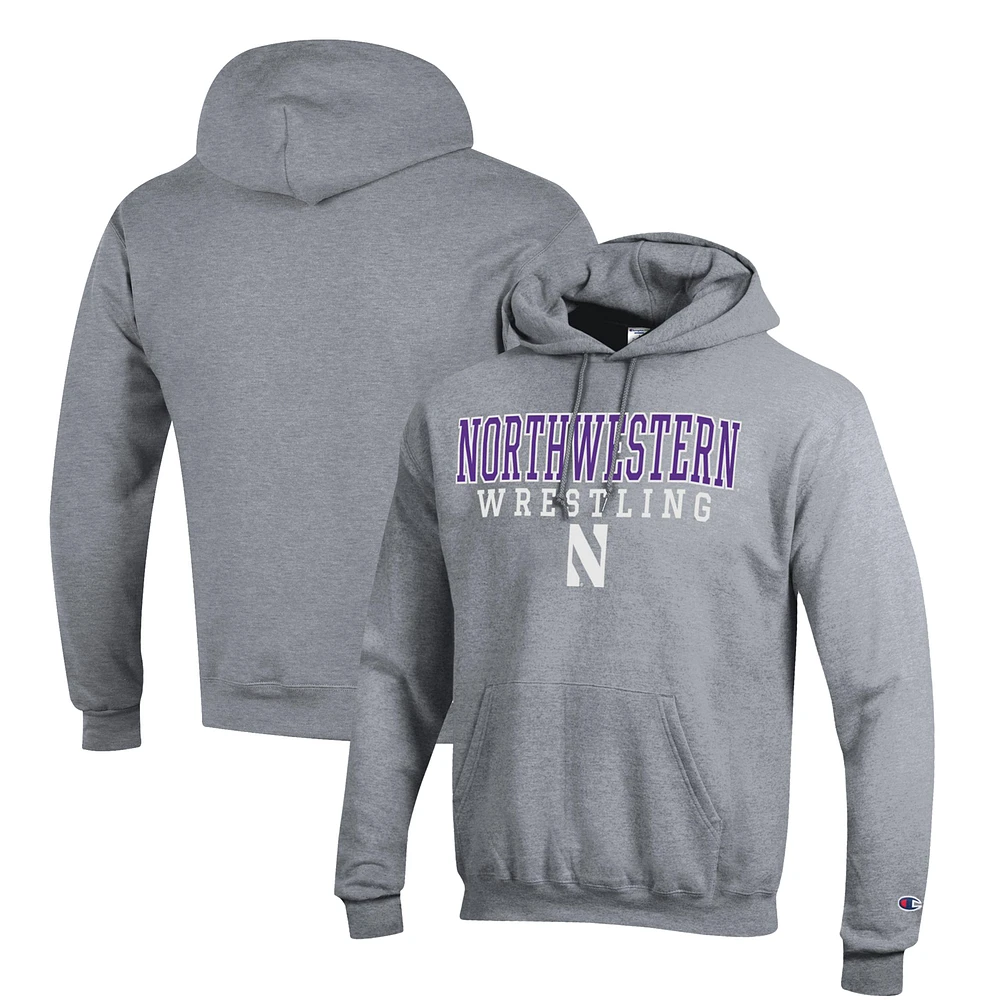 Men's Champion Gray Northwestern Wildcats Wrestling Stack Logo Powerblend Pullover Hoodie