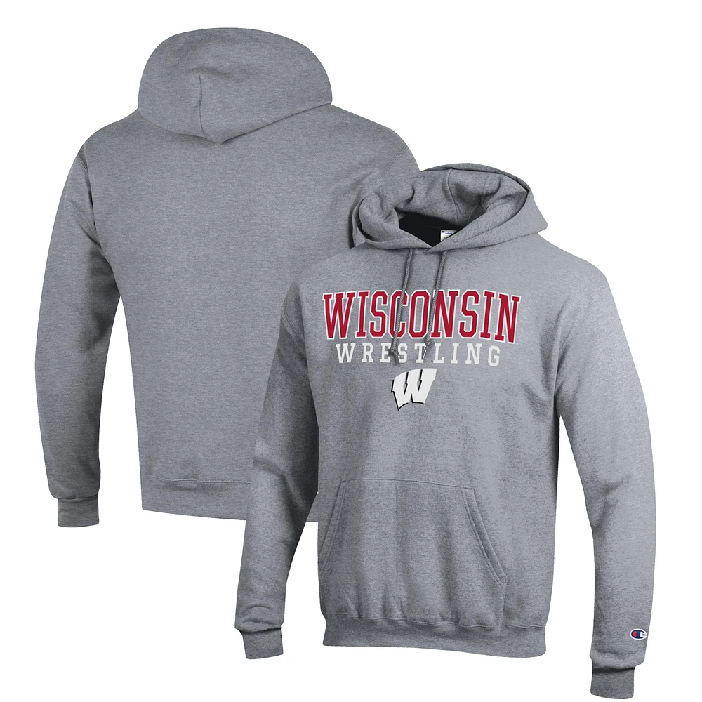Men's Champion Gray Wisconsin Badgers Wrestling Stack Logo Powerblend Pullover Hoodie