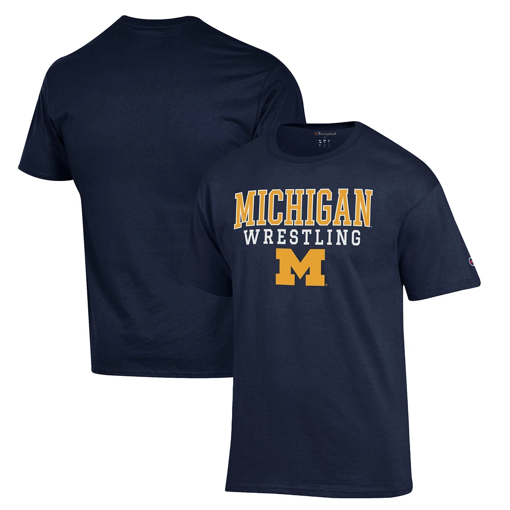 Men's Champion Navy Michigan Wolverines Wrestling Stack Logo T-Shirt