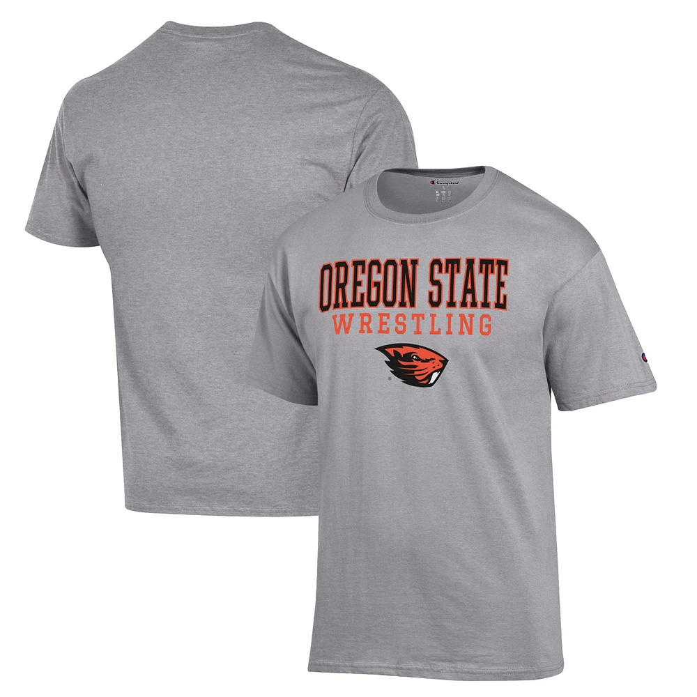 Men's Champion Gray Oregon State Beavers Wrestling Stack Logo T-Shirt