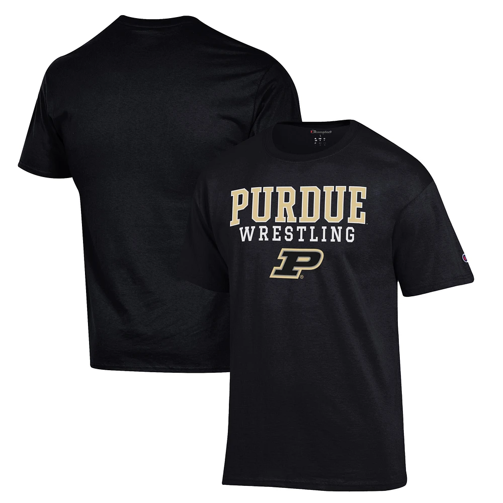 Men's Champion Black Purdue Boilermakers Wrestling Stack Logo T-Shirt