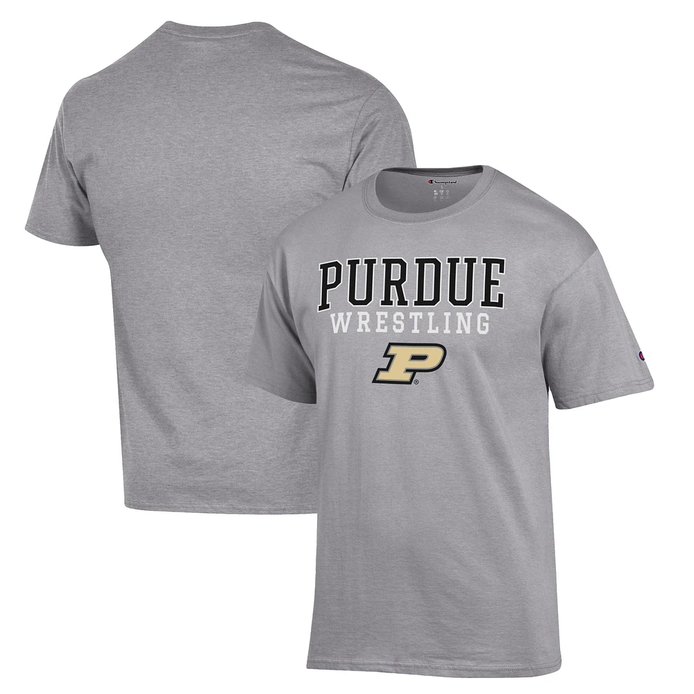 Men's Champion Gray Purdue Boilermakers Wrestling Stack Logo T-Shirt