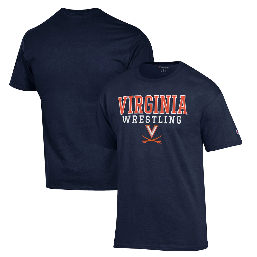 Men's Champion Navy Virginia Cavaliers Wrestling Stack Logo T-Shirt