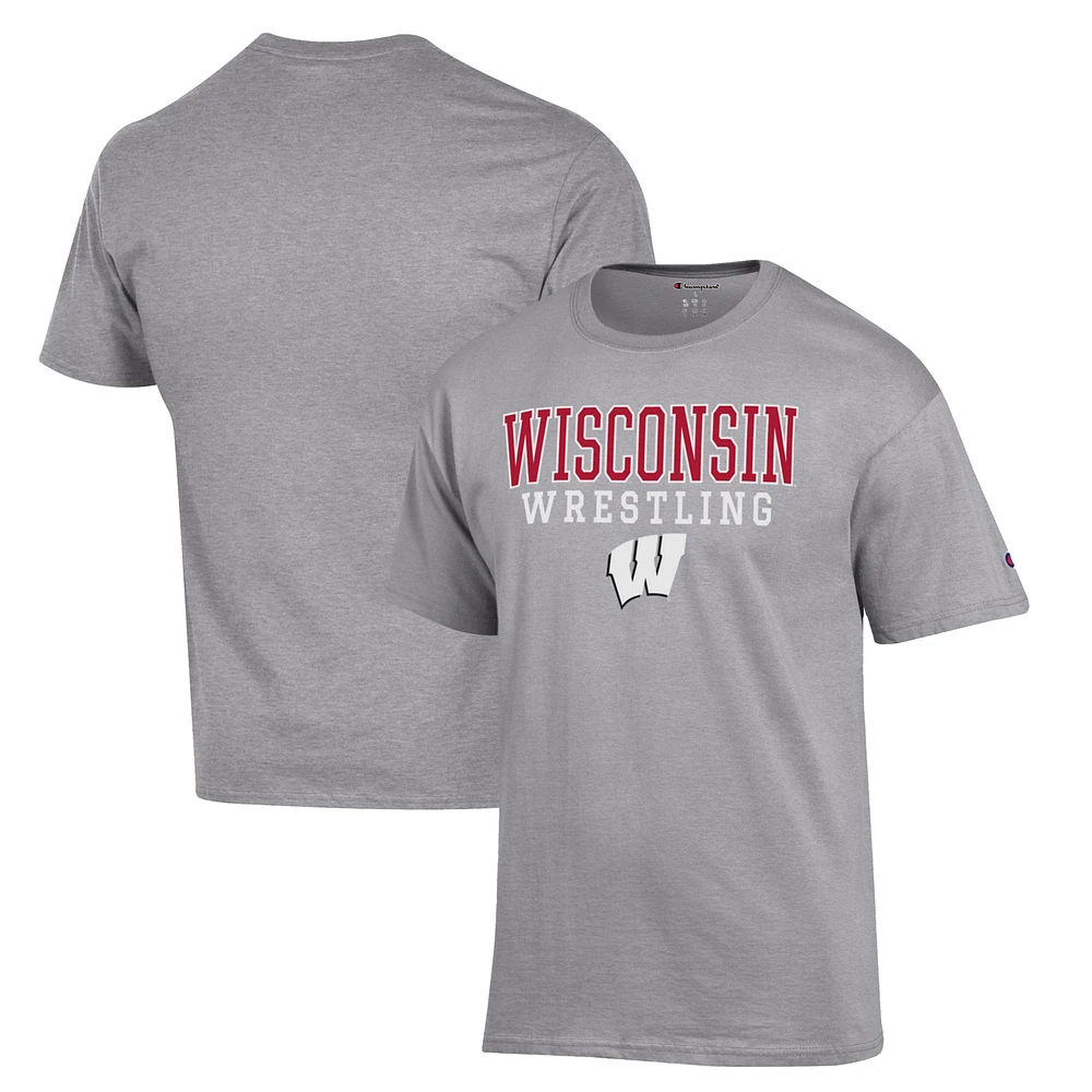 Men's Champion Gray Wisconsin Badgers Wrestling Stack Logo T-Shirt
