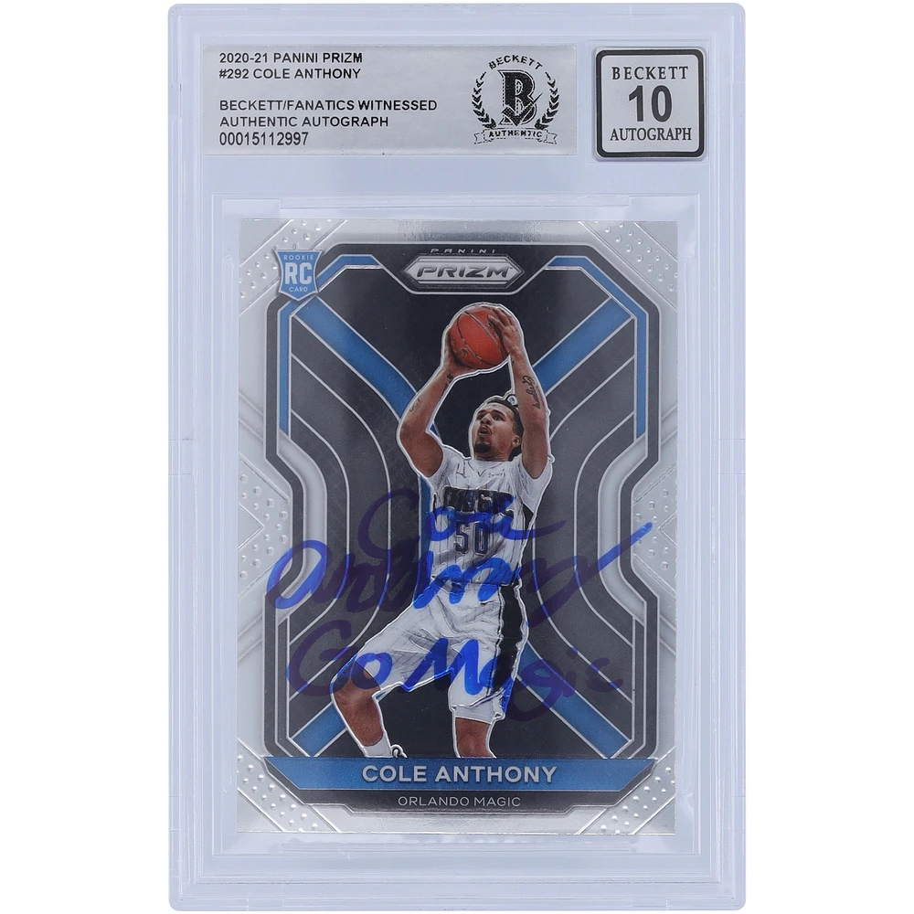 Cole Anthony Orlando Magic Autographed 2020-21 Panini Prizm #292 Beckett Fanatics Witnessed Authenticated Rookie Card with "Go Magic" Inscription