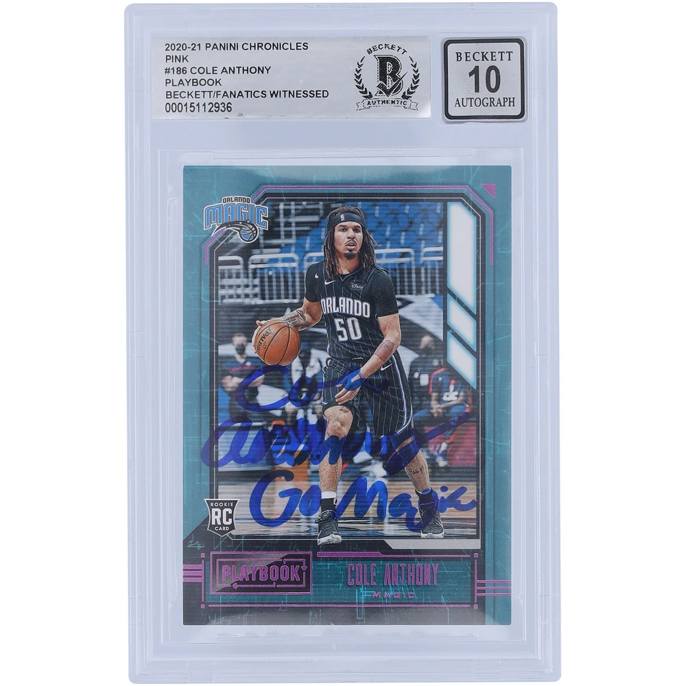 Cole Anthony Orlando Magic Autographed 2020-21 Panini Chronicles Playbook Pink Variation #186 Beckett Fanatics Witnessed Authenticated 10 Rookie Card with "Go Magic" Inscription