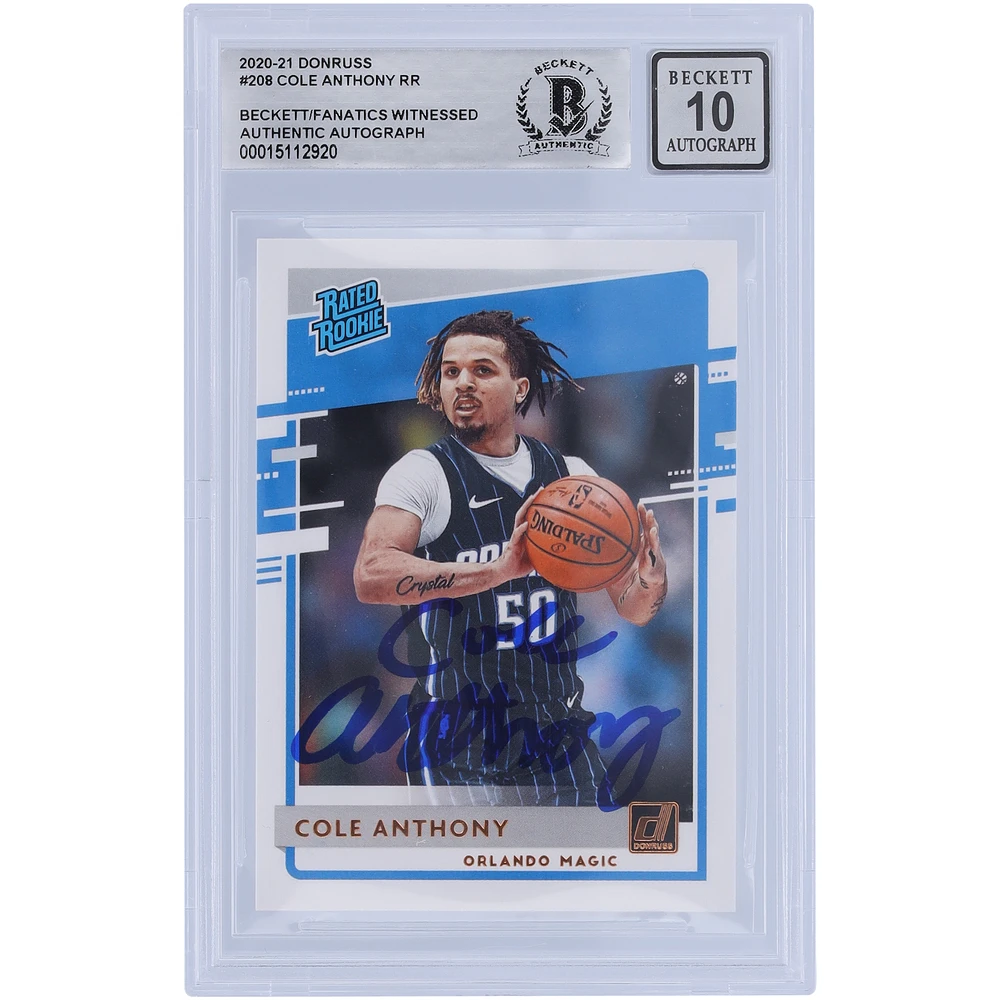 Cole Anthony Orlando Magic Autographed 2020-21 Panini Donruss Rated Rookie #208 Beckett Fanatics Witnessed Authenticated Rookie Card
