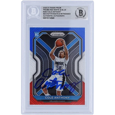 Cole Anthony Orlando Magic Autographed 2020-21 Panini Prizm Red White & Blue Prizm #292 Beckett Fanatics Witnessed Authenticated Rookie Card
