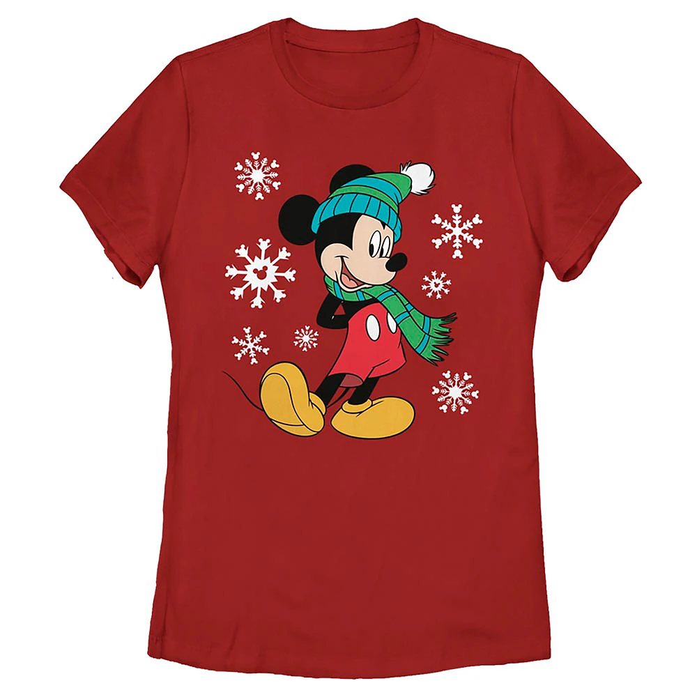 Women's Red Mickey Mouse Holiday Snowflake T-Shirt