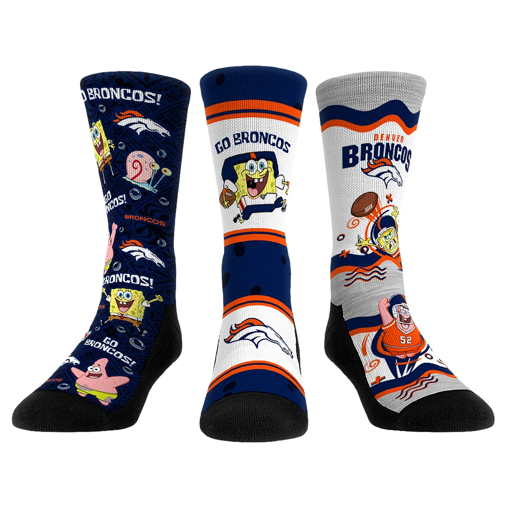 Unisex Rock Em Socks Denver Broncos NFL x Nickelodeon Spongebob Squarepants 3-Pack Crew Set