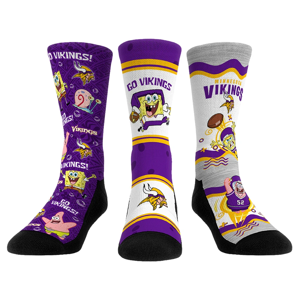 Unisex Rock Em Socks Minnesota Vikings NFL x Nickelodeon Spongebob Squarepants 3-Pack Crew Set