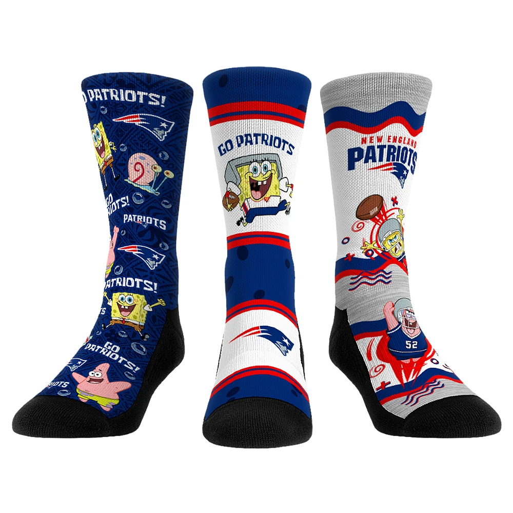 Unisex Rock Em Socks New England Patriots NFL x Nickelodeon Spongebob Squarepants 3-Pack Crew Set