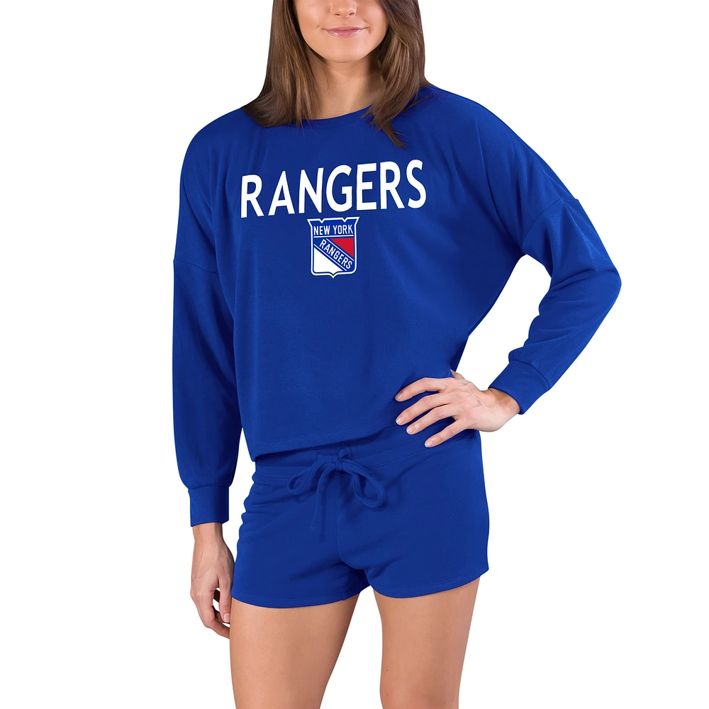Women's Concepts Sport Blue New York Rangers Gather Long Sleeve Top & Shorts Set