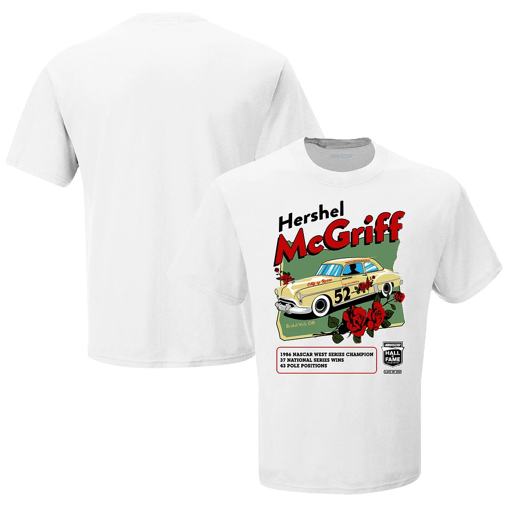 Men's Checkered Flag White Hershel McGriff NASCAR Hall of Fame Class of 2023 Inductee T-Shirt