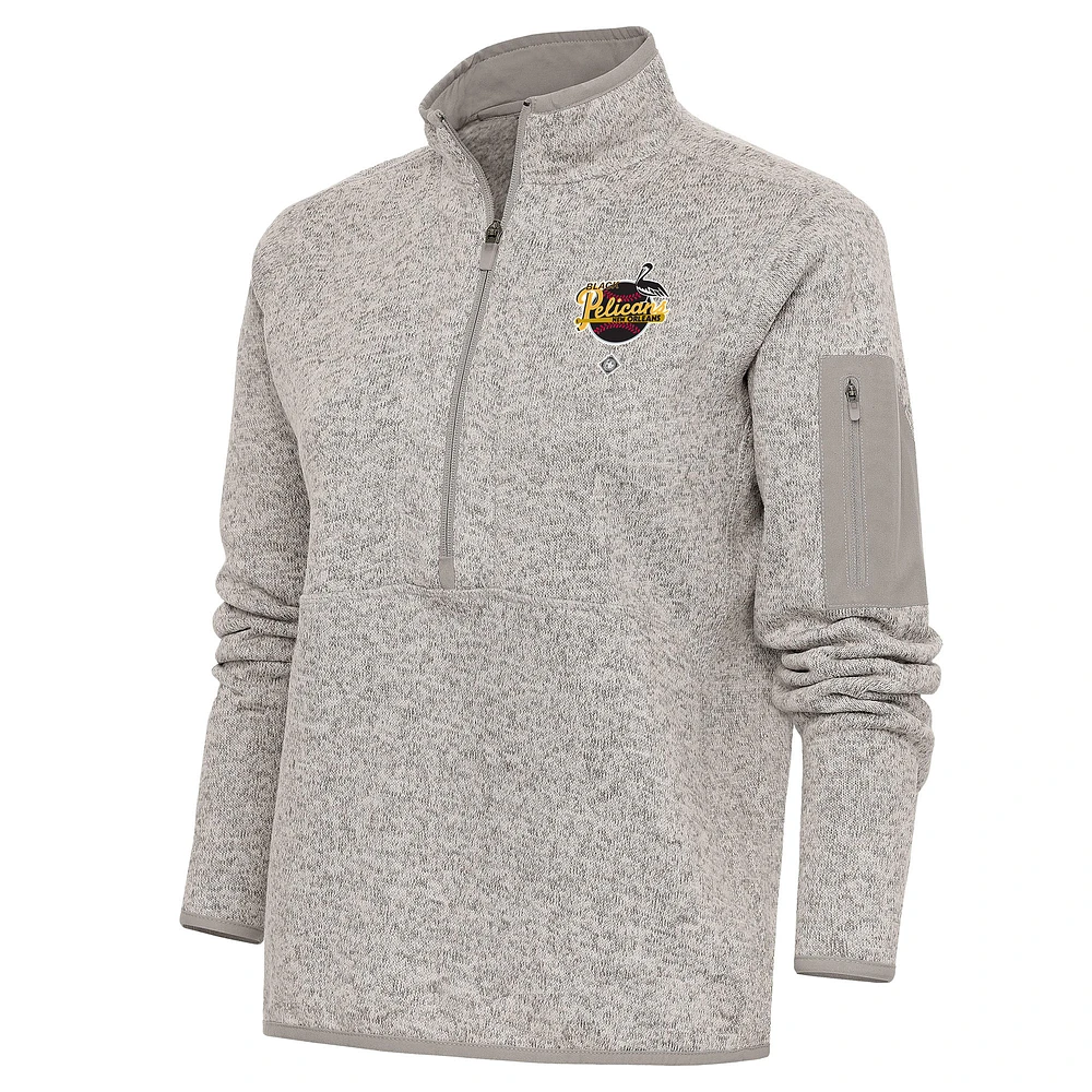 Women's Antigua Oatmeal New Orleans Black Pelicans Fortune Half-Zip Pullover Jacket
