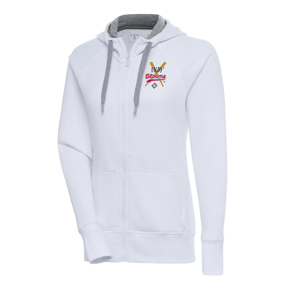 Women's Antigua White Indianapolis Clowns Victory Full-Zip Hoodie
