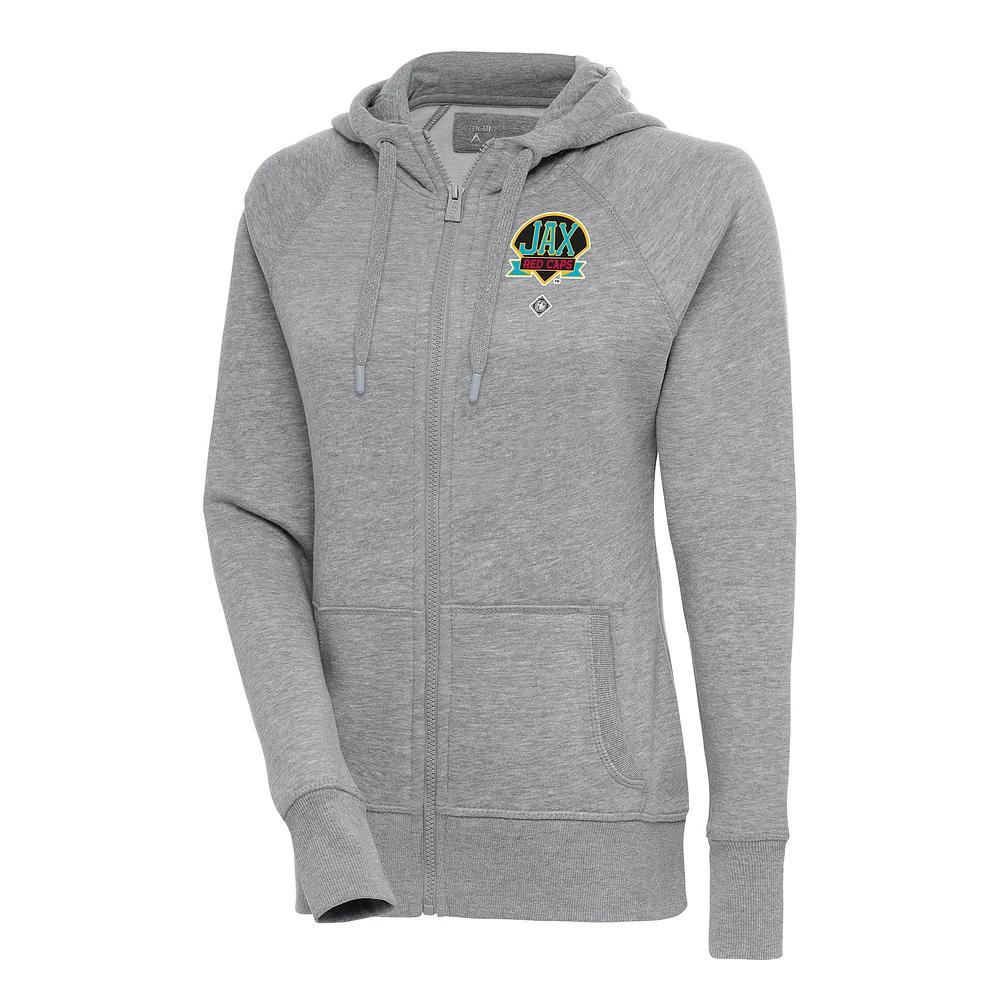 Women's Antigua Heather Gray Jacksonville Red Caps Victory Full-Zip Hoodie