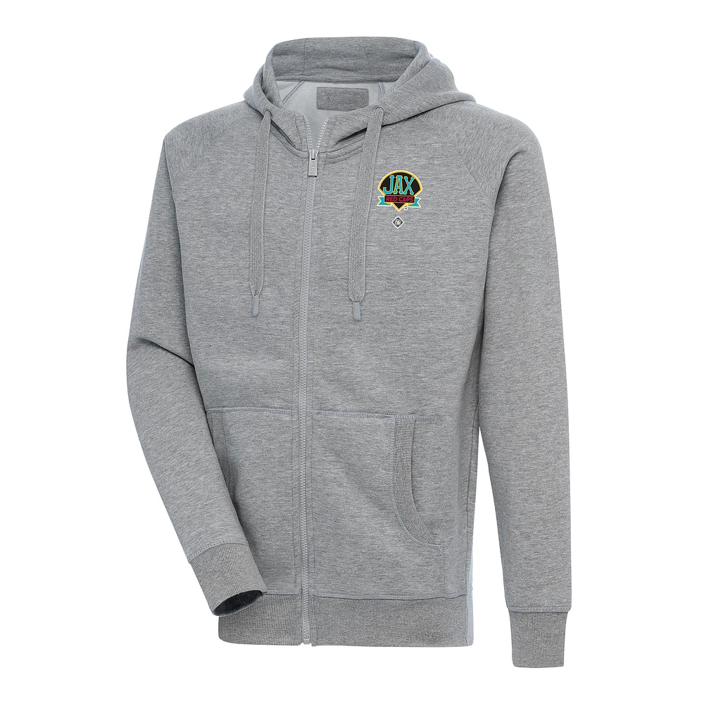 Men's Antigua Heather Gray Jacksonville Red Caps Victory Full-Zip Hoodie