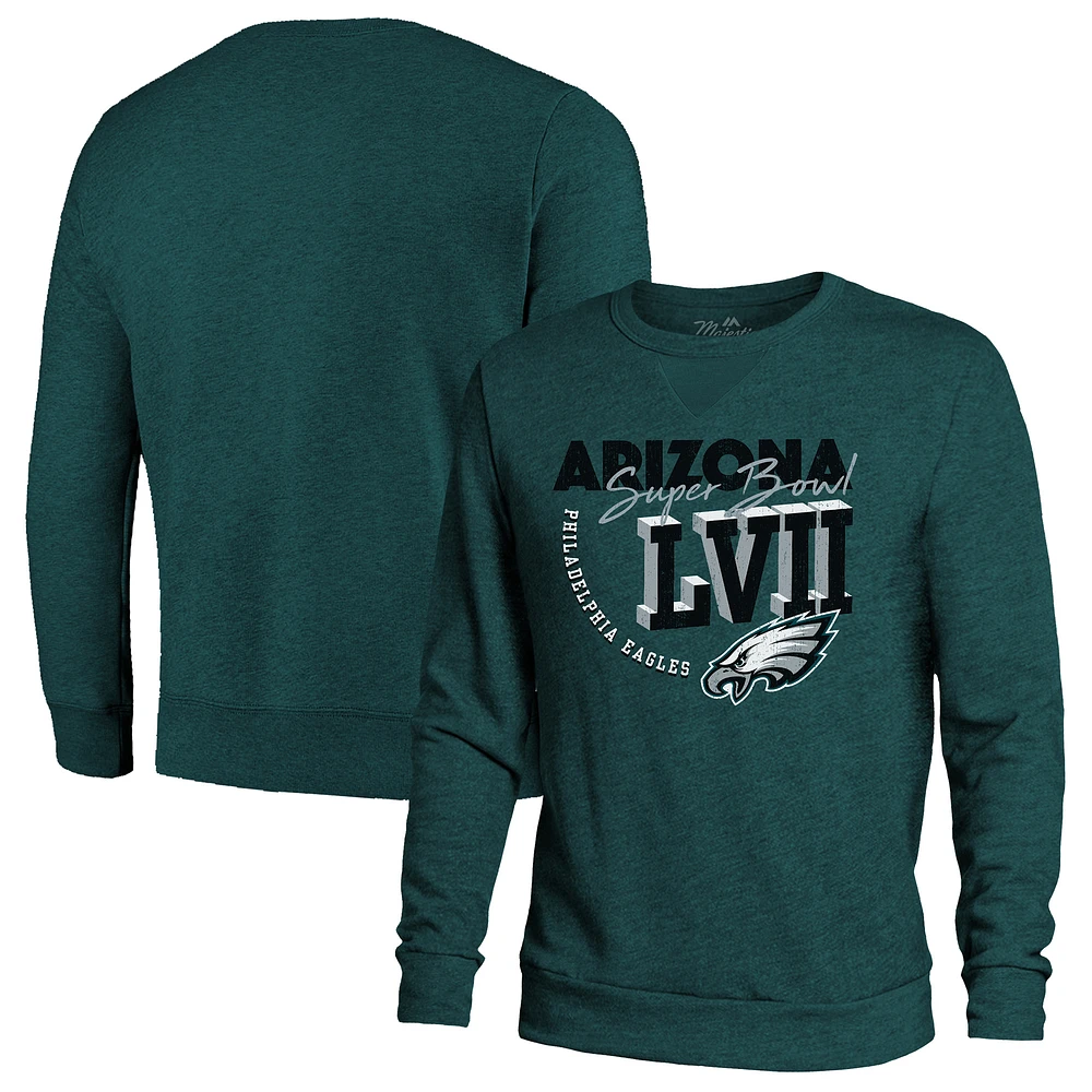 Men's Majestic Threads Midnight Green Philadelphia Eagles Super Bowl LVII High Tide Tri-Blend Pullover Sweatshirt