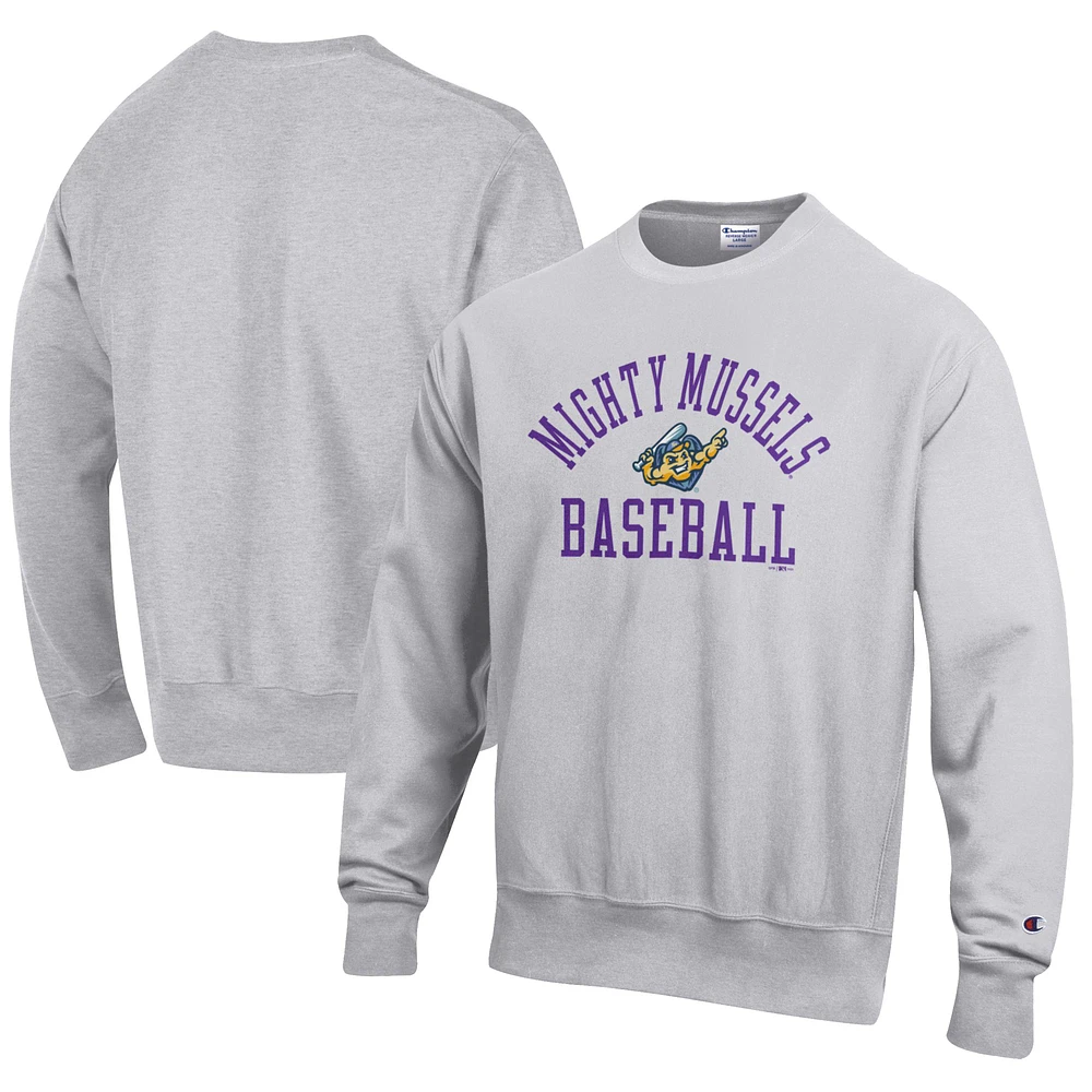 Men's Champion Gray Fort Myers Mighty Mussels Baseball Reverse Weave Pullover Sweatshirt