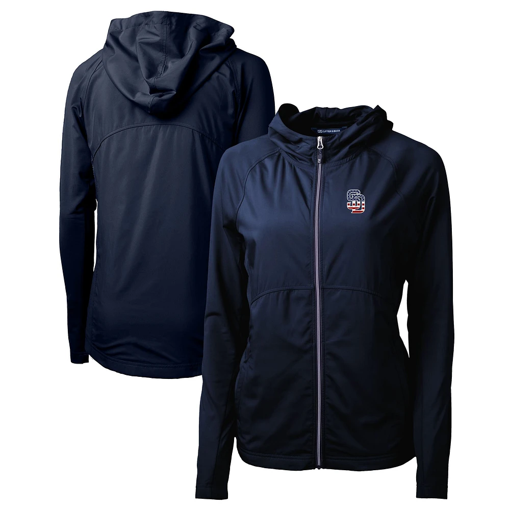 Women's Cutter & Buck Navy San Diego Padres Americana Logo Adapt Eco Knit Hybrid Recycled Full-Zip Hoodie