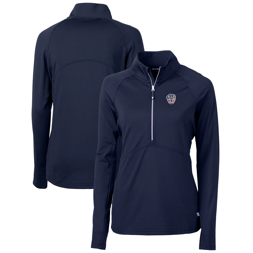 Women's Cutter & Buck Navy Milwaukee Brewers Americana Logo Adapt Eco Knit Stretch Recycled Half-Zip Pullover Top