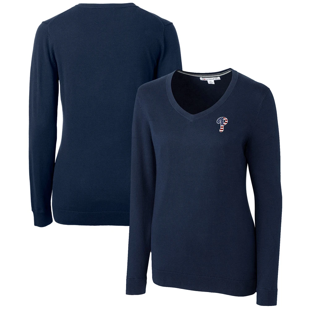 Women's Cutter & Buck Navy Philadelphia Phillies Americana Logo Lakemont Tri-Blend V-Neck Pullover Sweater