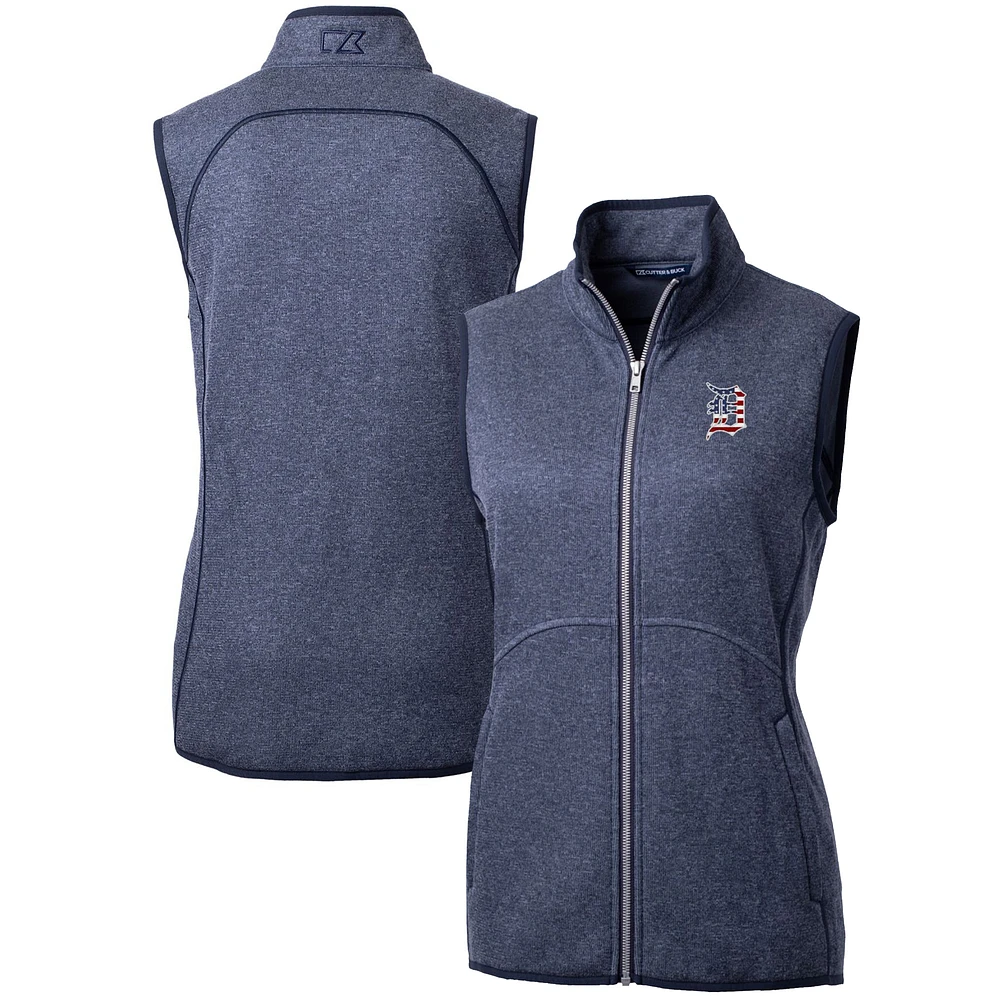 Women's Cutter & Buck Heather Navy Detroit Tigers Americana Logo Mainsail Sweater-Knit Full-Zip Vest
