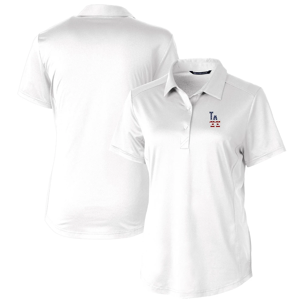 Women's Cutter & Buck White Los Angeles Dodgers Americana Logo Prospect DryTec Textured Stretch Polo
