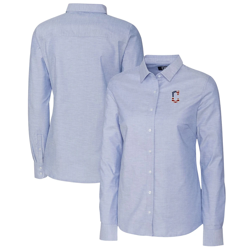 Women's Cutter & Buck Light Blue Cleveland Guardians Americana Logo Oxford Stretch Long Sleeve Button-Up Shirt