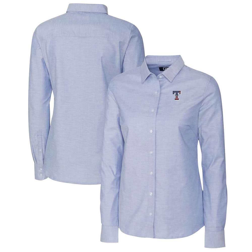 Women's Cutter & Buck Light Blue Texas Rangers Americana Logo Oxford Stretch Long Sleeve Button-Up Shirt